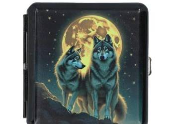 Metalowa Papierośnica z Nadrukiem 2 Wilków Stojących przy Pełni Księżyca