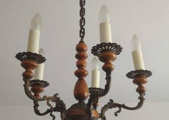 Żyrandol mosiądz i drewno stary PRL 5-cio ramienny