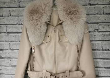 Beżowa kurtka ramoneska eko skóra sztuczne futerko