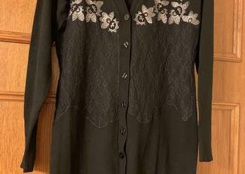 Sweter damski długi M czarny z haftem i koronką