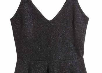 Czarny top h&m xs 34 błyszczący baskinka dekolt serek xs 34