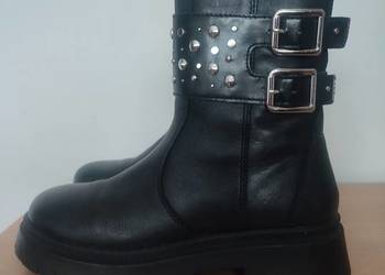 Trapery Botki Skóra Cielęca 36 (23cm) Ćwieki Gruba Podeszwa