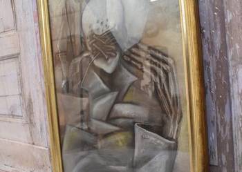 Beksiński - Pastel na Kartonie za Szkłem - Stary Obraz - Abstrakcja