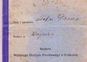 1932 ROK  KSIĄŻKA LEGITYMACYJNA WYŻSZE STUDIUM HANDLOWE W KR