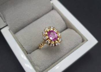 PIĘKNY ZŁOTY PIERŚCIONEK ZDOBIONY BRYLANTAMI I AMETYSTEM