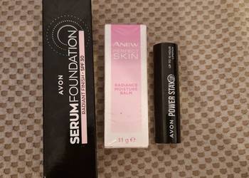 avon zestaw szminka power stay podkład serum rozświetlacz anew +gratis