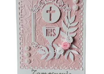 Zaproszenia Komunia Dziewczynka Kielich Z Hostią Ramka Ozdobna – B6 – Róż P