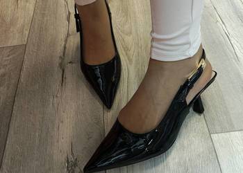 (42) Czarne czółenka wieczorowe z odkrytą na szeroką stopę, NOWE