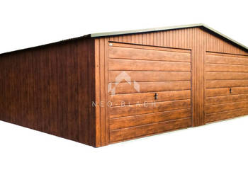 Garaż Blaszany 8x6m - 2x Brama Uchylna - Ciemny Orzech Drewnopodobny  NB138