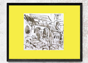 żólto szary rysunek 30x40, uliczka obraz, domy rysunek A3