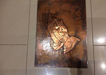 Stary Obraz Miedziany Płaskorzeźba Dłonie Modlitwa Płaskorzeźba