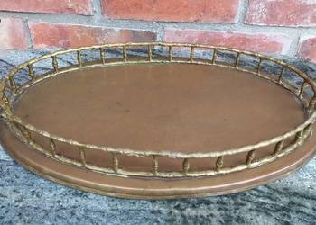 Mosiężna taca vintage z uchwytami i azurowym brzegiem Patera (793)