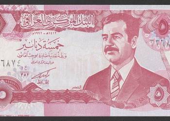 IRAK 5 DINARÓW 1992 - SADDAM HUSAJN - STAN BANKOWY UNC