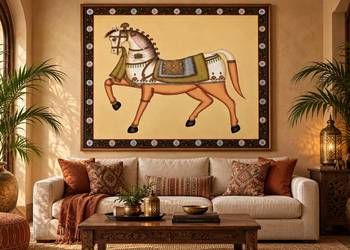 Duże ręcznie malowane płótno z Indii 128×123 cm | Orientalny koń | Unikat