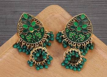 Duże orientalne kolczyki jhumki kolor złoty zielony dzwonki malowane boho e