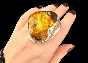 Pierścionek unikat regulowany srebro 925 bursztyn bałtucki rękodzieło