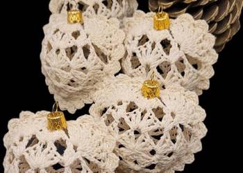 Bombki choinkowe serduszka ręcznie wykonane w kolorze ecru 5szt