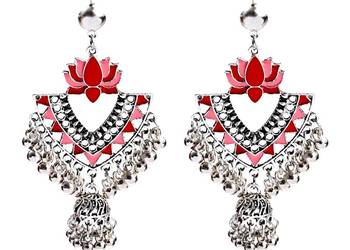 Orientalne kolczyki czerwone lotus srebrny kolor boho bohemian etno