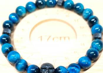 BRANSOLETKA CZASZKA STAL 316L KAMIEŃ NIEBIESKIE TYGRYSIE OKO NA WYMIAR