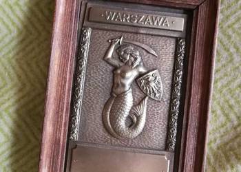 Płaskorzeźba SYRENKA WARSZAWSKA metaloplastyka w ramie PRL