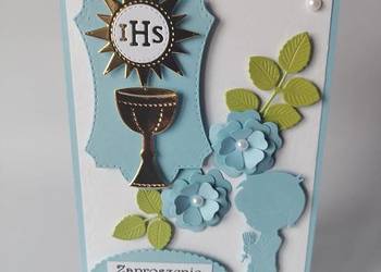 ZAPROSZENIA KOMUNIA CHŁOPIEC KIELICH SŁONECZKO RAMKA B6 BŁĘKIT - BIEL