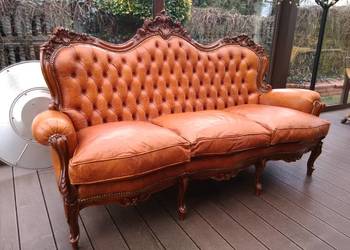 Sofa Ludwik/Barok Rzeźbiona Skóra Antyk