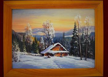 Zima w górach - mała reprodukcja w drewnianej ramie