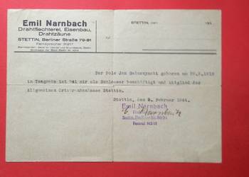 ( 1957 ) Dokument Niemiecki Firmy E. Narnbach, Gałuszynski
