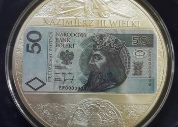 GIGANT 70 mm Moneta Banknot Srebro Kazimierz Wielki III