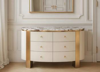 Komoda biała na złotych nogach z kamiennym blatem 140x40x85