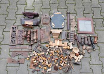 Drewniane elementy starych zegarów aplikacje zdobienia tralki inne zestaw