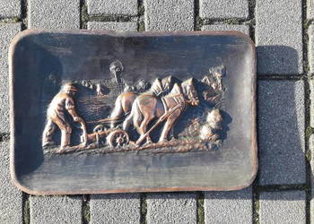 Stary miedzioryt Socrealizm ,koń,  orka, wieś 42 x 27 cm PRL lata 60 70