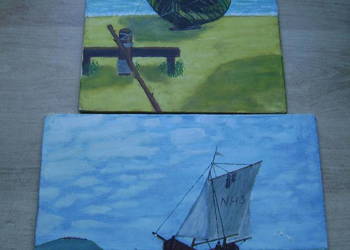 Starocie z PRL Marynistyka = Zestaw 2 obrazy olejne niesygnowane 23cmx30cm