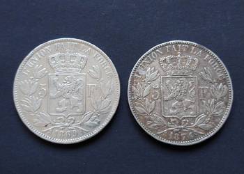 Belgia. Dwie srebrne monety o nominale 5 Franków.