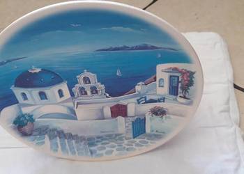 Souvenir Talerz ozdobny z piękną grafiką Greckiej wyspy Santorini
