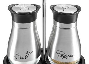 Solniczka i pieprzniczka szklany zestaw ze stojakiem INOX stal szczotkowana