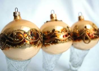 Stare bombki szklane ręcznie malowane złoto-brązowe perłowe 3 szt. 6 cm