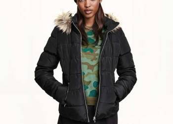 Czarna watowana kurtka h&m xxs 32 kaptur futerko pikow