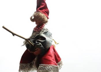 Duża Lalka Czarownica Baba Jaga Na Miotle Wisząca Rękodzieło Vintage 80 cm
