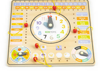 Drewniana tablica manipulacyjna kalendarz zegar ECOTOYS