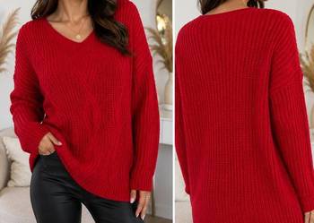 Sweter z plecionym wzorem - biust 110 cm -czerwony