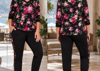 Komplet dresowy L-XL bawełna kwiaty lampas biust 124cm