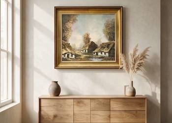 Obraz olejny na płótnie Wiejski Pejzaż Chatki w Złotej Ramie 98x87cm PODPIS