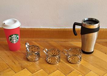 Zestaw Kubek Starbucks + termos + metalowe koszyczki / podstawki PRL