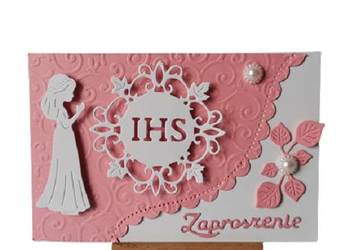 ZAPROSZENIA KOMUNIA DZIEWCZYNKA IHS Z KORONKĄ – K3 – RÓŻ - BIEL