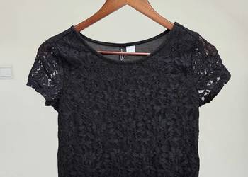 Bluzka top t-shirt czarna koronkowa z frędzlami H&M