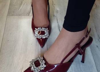 (41/42) Bordowe czółenka szpilki wieczorowe z odkrytą piętą, NOWE