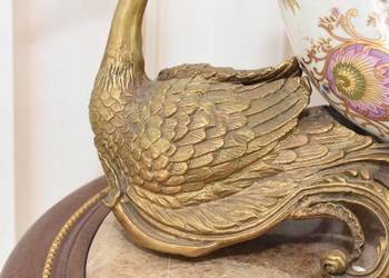 Porcelanowa Malowana Złocona Patera - Łabędź i Kaczka Figura z Brązu