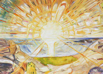 Obraz namalowany Słońce - Edvard Munch. Abstrakcja, ciepłe kolory.