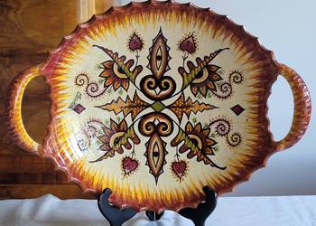Ceramiczna ogromna patera z uszami Quimper ręcznie malowana